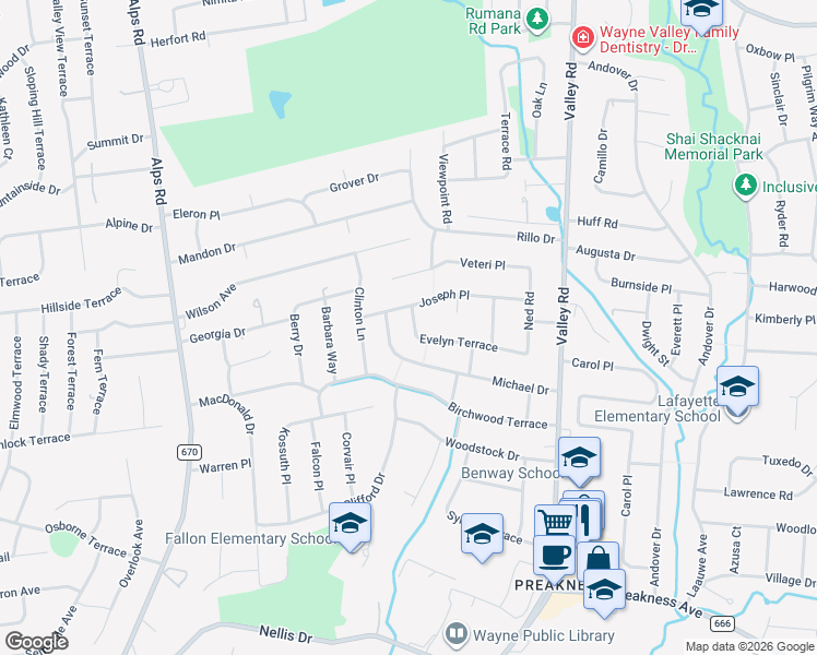 map of restaurants, bars, coffee shops, grocery stores, and more near 10 Evelyn Terrace in Wayne