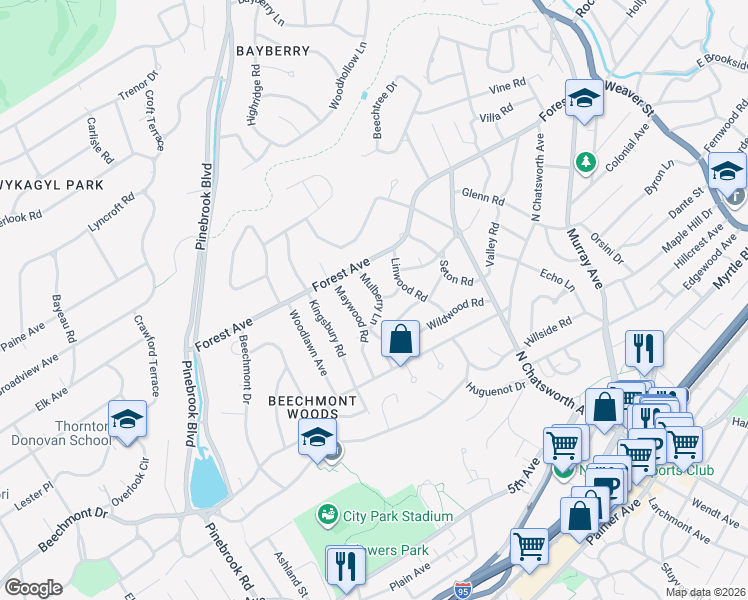 map of restaurants, bars, coffee shops, grocery stores, and more near 28 Mulberry Lane in New Rochelle