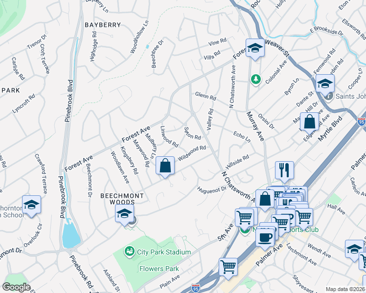 map of restaurants, bars, coffee shops, grocery stores, and more near 17 Linwood Road in New Rochelle