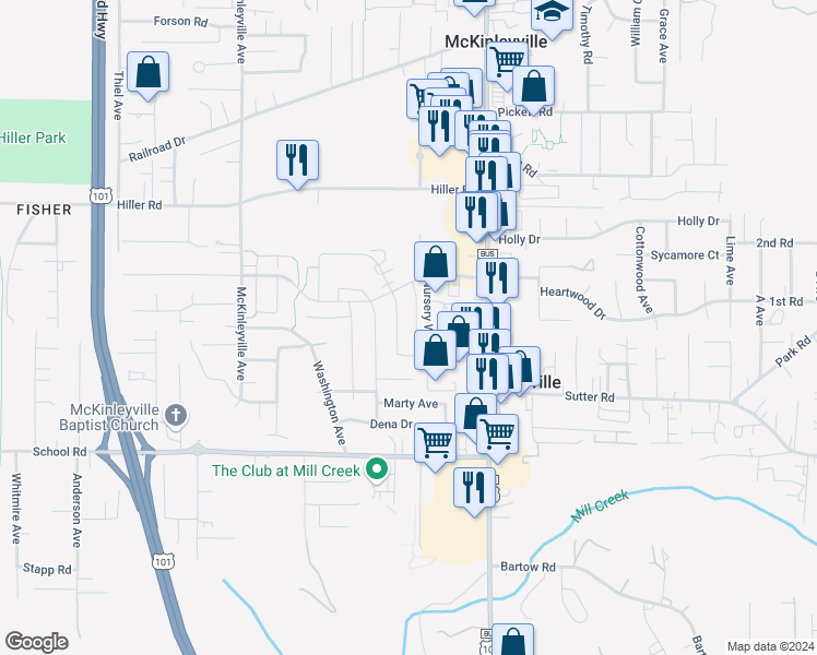 map of restaurants, bars, coffee shops, grocery stores, and more near 1820 Chanterelle Drive in McKinleyville