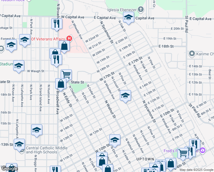 map of restaurants, bars, coffee shops, grocery stores, and more near 300 West 16th Street in Grand Island