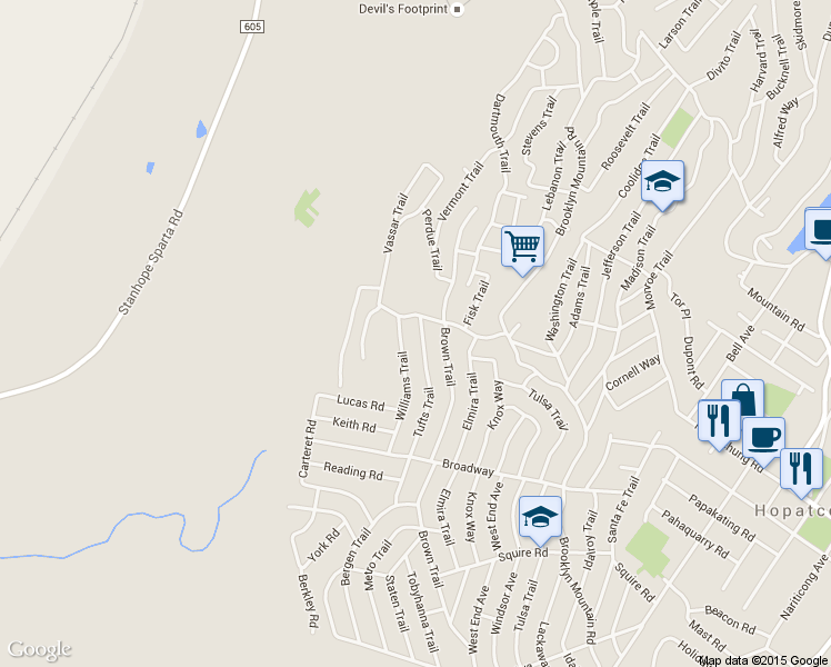 map of restaurants, bars, coffee shops, grocery stores, and more near 56 Tufts Trail in Hopatcong