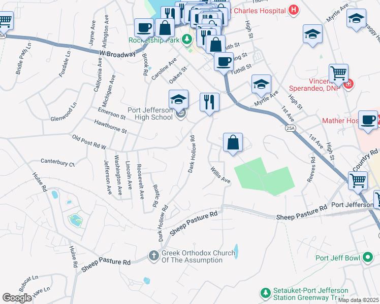 map of restaurants, bars, coffee shops, grocery stores, and more near 2 Dark Hollow Road in Port Jefferson