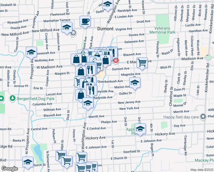 map of restaurants, bars, coffee shops, grocery stores, and more near 8 Brook Street in Dumont