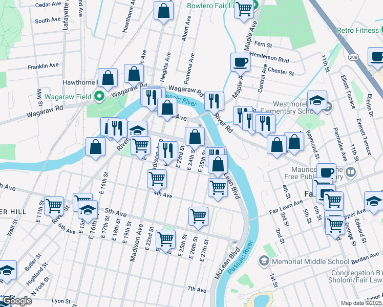 map of restaurants, bars, coffee shops, grocery stores, and more near 62 East 24th Street in Paterson