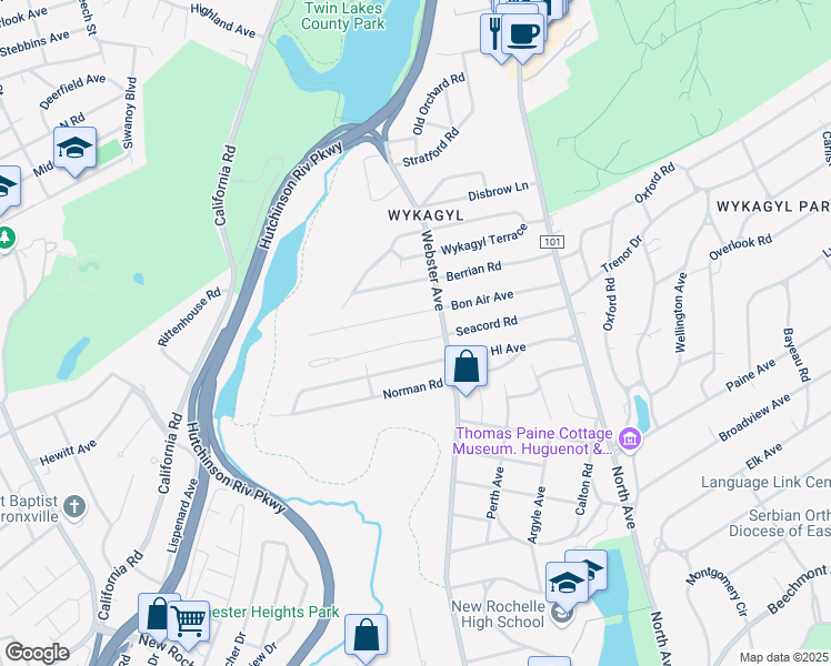 map of restaurants, bars, coffee shops, grocery stores, and more near 117 Seacord Road in New Rochelle