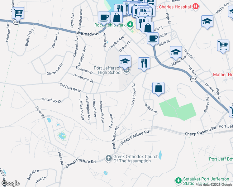 map of restaurants, bars, coffee shops, grocery stores, and more near 119 Wilson Drive in Port Jefferson