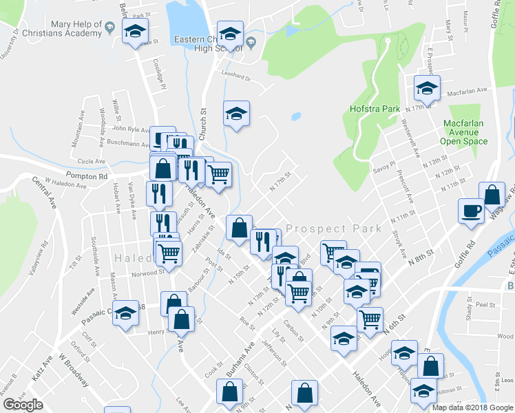 map of restaurants, bars, coffee shops, grocery stores, and more near 50 North 17th Street in Prospect Park