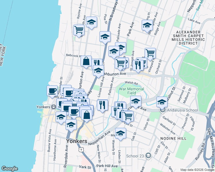 map of restaurants, bars, coffee shops, grocery stores, and more near 3 Lafayette Place in Yonkers