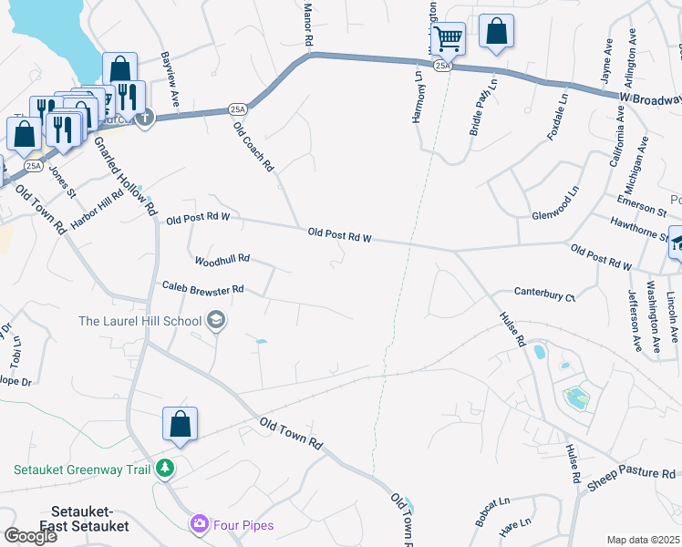 map of restaurants, bars, coffee shops, grocery stores, and more near 52 Old Post Road in Setauket- East Setauket
