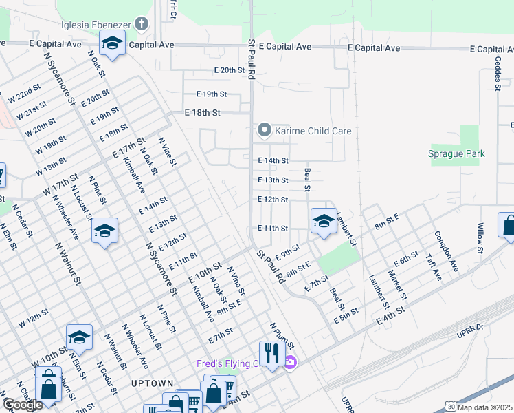 map of restaurants, bars, coffee shops, grocery stores, and more near 547 East 12th Street in Grand Island