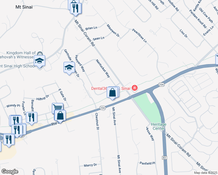 map of restaurants, bars, coffee shops, grocery stores, and more near 35 Vineyard Way in Mount Sinai