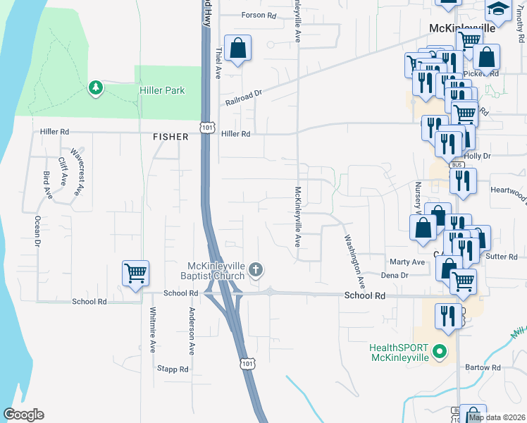 map of restaurants, bars, coffee shops, grocery stores, and more near 1805 Caroline Avenue in McKinleyville