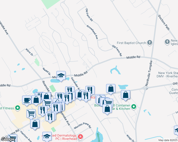 map of restaurants, bars, coffee shops, grocery stores, and more near 497 Middle Road in Riverhead