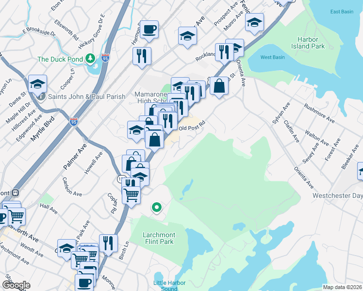 map of restaurants, bars, coffee shops, grocery stores, and more near 802 Fairway Green in Mamaroneck