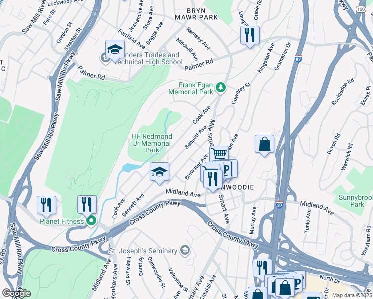 map of restaurants, bars, coffee shops, grocery stores, and more near 174 Bennett Avenue in Yonkers