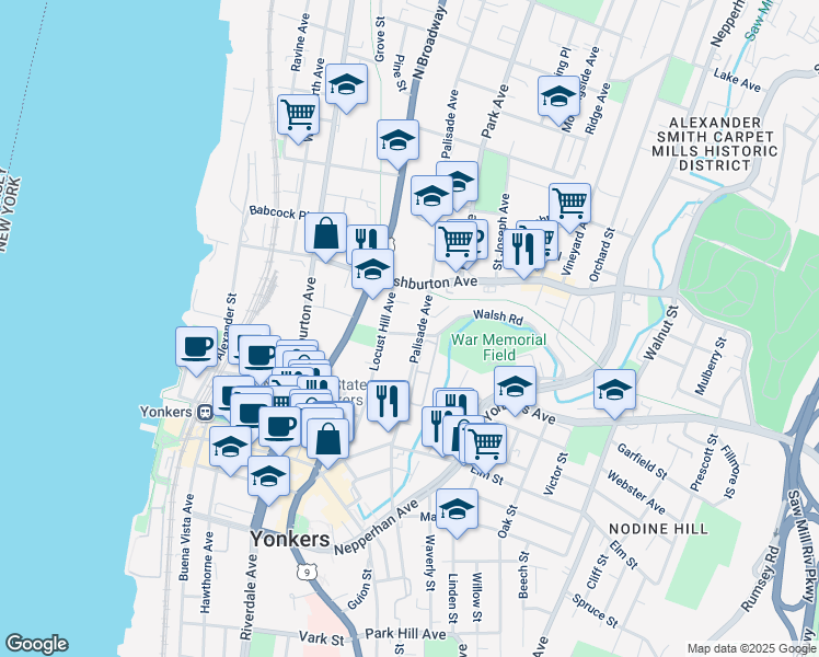map of restaurants, bars, coffee shops, grocery stores, and more near 3 Lafayette Place in Yonkers