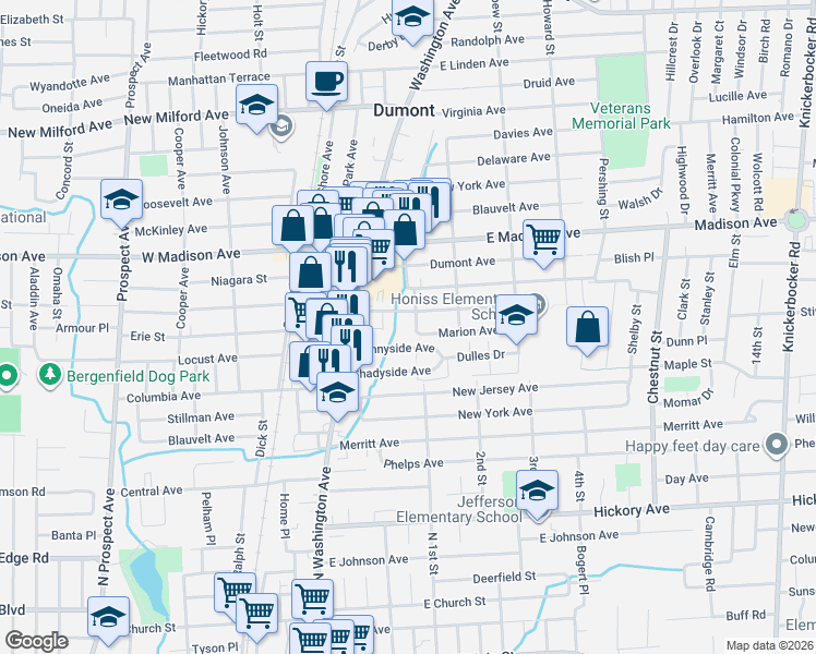 map of restaurants, bars, coffee shops, grocery stores, and more near 8 Brook Street in Dumont