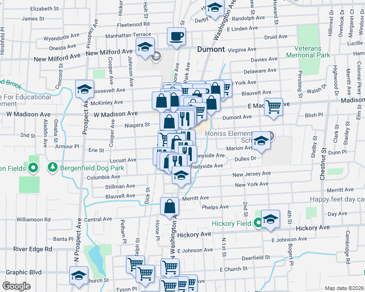 map of restaurants, bars, coffee shops, grocery stores, and more near 50 Washington Avenue in Dumont