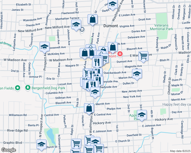 map of restaurants, bars, coffee shops, grocery stores, and more near 50 Washington Avenue in Dumont