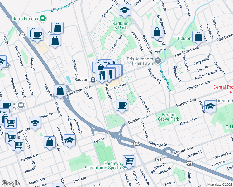 map of restaurants, bars, coffee shops, grocery stores, and more near 14 Townley Road in Fair Lawn