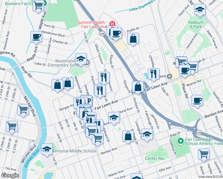 map of restaurants, bars, coffee shops, grocery stores, and more near 15-03 Everett Terrace in Fair Lawn