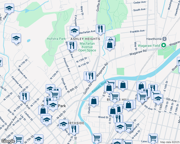 map of restaurants, bars, coffee shops, grocery stores, and more near 64 North 8th Street in Hawthorne