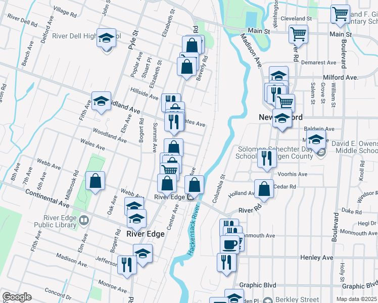map of restaurants, bars, coffee shops, grocery stores, and more near 60 Christie Avenue in River Edge