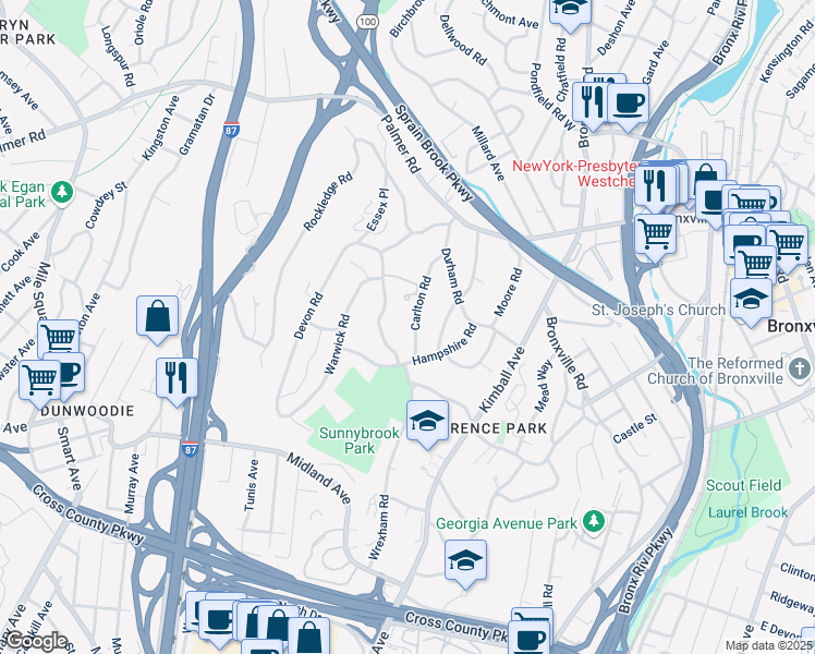 map of restaurants, bars, coffee shops, grocery stores, and more near 27 Carlton Road in Yonkers