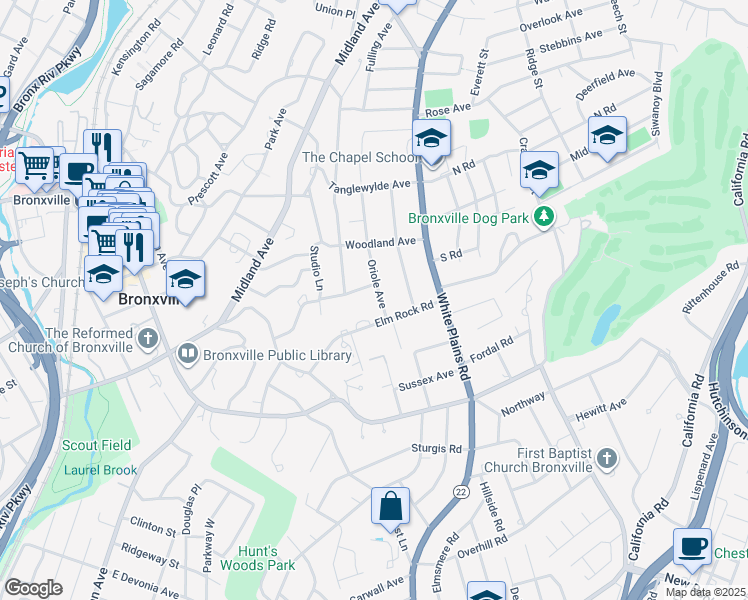 map of restaurants, bars, coffee shops, grocery stores, and more near 7 Oriole Avenue in Bronxville