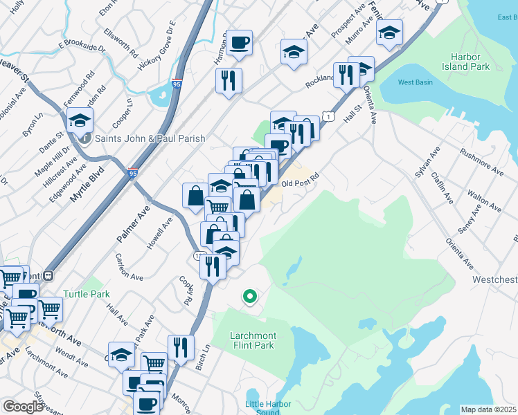 map of restaurants, bars, coffee shops, grocery stores, and more near 1265 West Boston Post Road in Larchmont