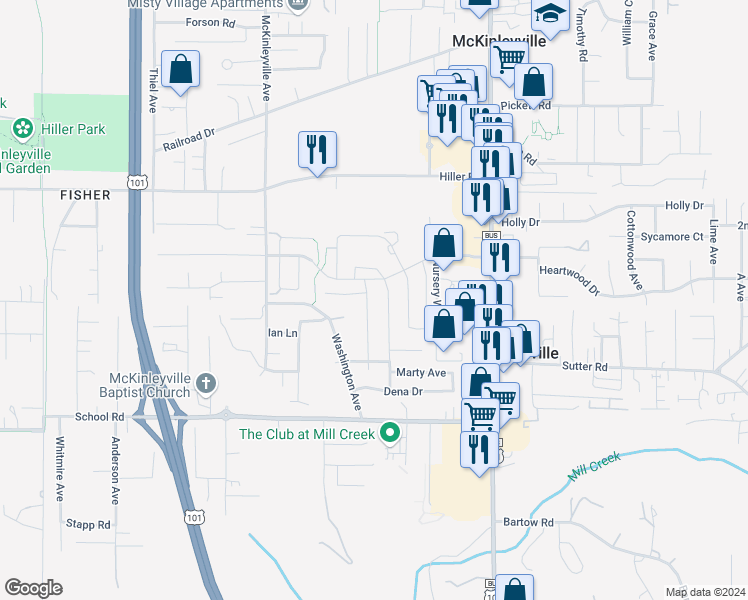 map of restaurants, bars, coffee shops, grocery stores, and more near 1845 Edeline Avenue in McKinleyville