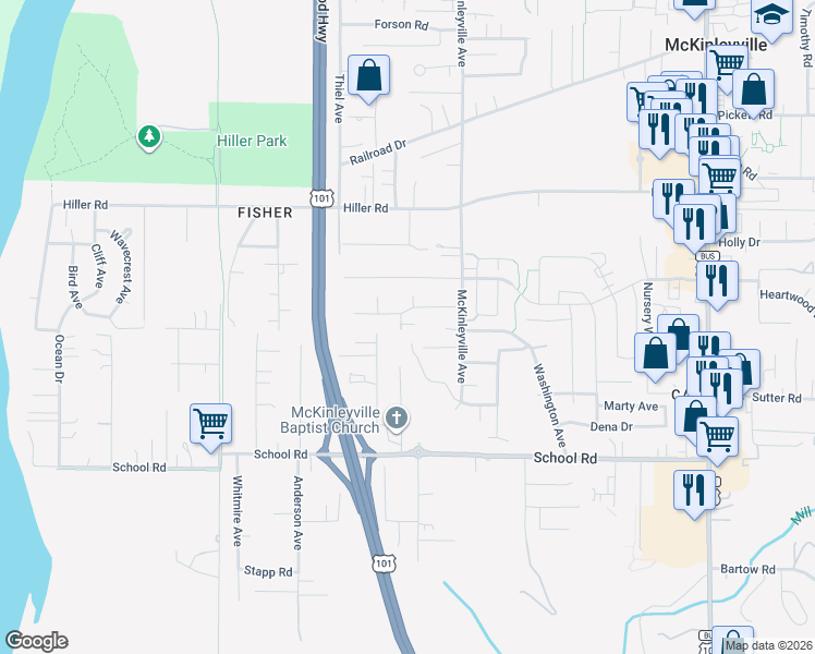 map of restaurants, bars, coffee shops, grocery stores, and more near 1805 Caroline Avenue in McKinleyville