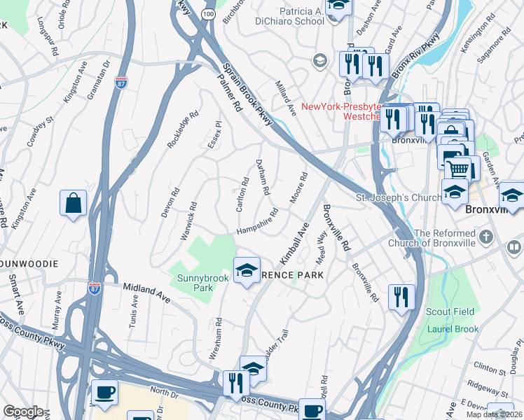 map of restaurants, bars, coffee shops, grocery stores, and more near 5 Hereford Road in Yonkers