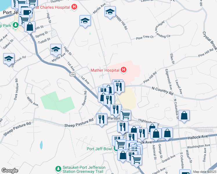 map of restaurants, bars, coffee shops, grocery stores, and more near 3 Stonyhill Road in Port Jefferson