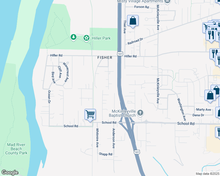 map of restaurants, bars, coffee shops, grocery stores, and more near 1807 Columbus Avenue in McKinleyville