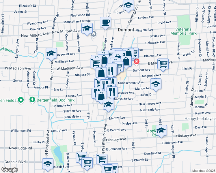 map of restaurants, bars, coffee shops, grocery stores, and more near 62 Washington Avenue in Dumont