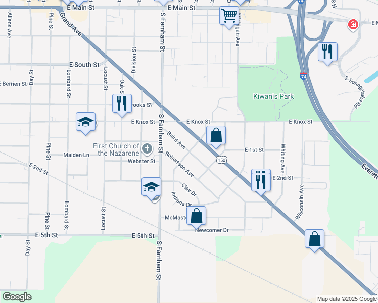 map of restaurants, bars, coffee shops, grocery stores, and more near 1799 Baird Ave in Galesburg