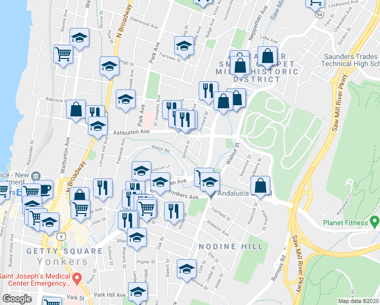 map of restaurants, bars, coffee shops, grocery stores, and more near 29 McFadden Circle in Yonkers