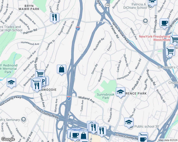 map of restaurants, bars, coffee shops, grocery stores, and more near 104 Rockledge Road in Yonkers