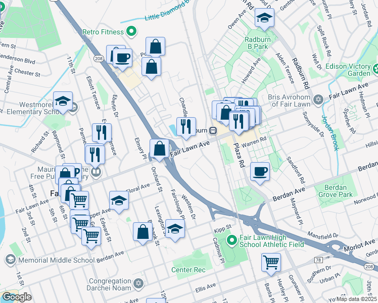 map of restaurants, bars, coffee shops, grocery stores, and more near 17-10 County Road 76 in Fair Lawn