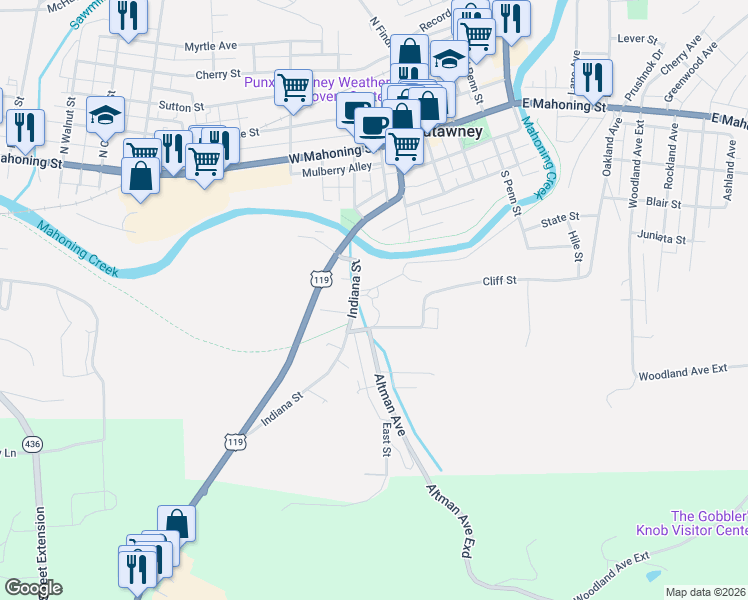 map of restaurants, bars, coffee shops, grocery stores, and more near 57 Gilpin Street Extension in Punxsutawney