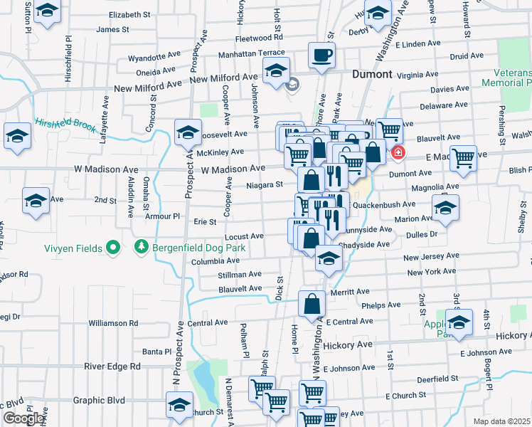 map of restaurants, bars, coffee shops, grocery stores, and more near 28 Erie Street in Dumont