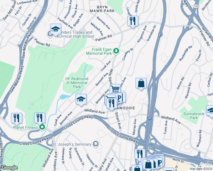 map of restaurants, bars, coffee shops, grocery stores, and more near 24 Ashford Place in Yonkers
