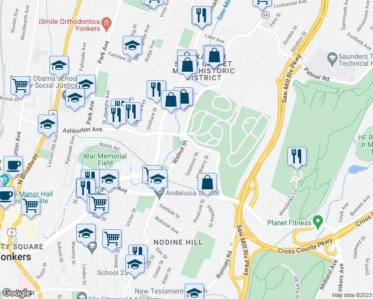 map of restaurants, bars, coffee shops, grocery stores, and more near 450 Walnut Street in Yonkers