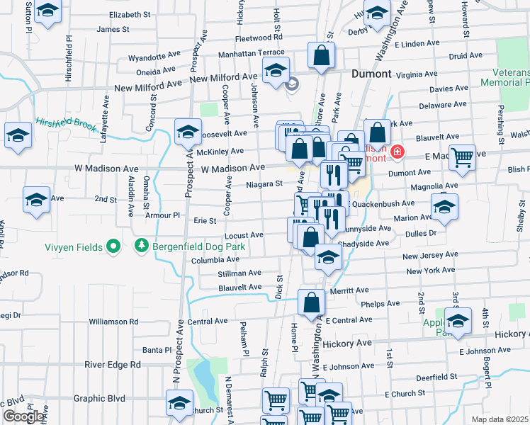 map of restaurants, bars, coffee shops, grocery stores, and more near 28 Erie Street in Dumont