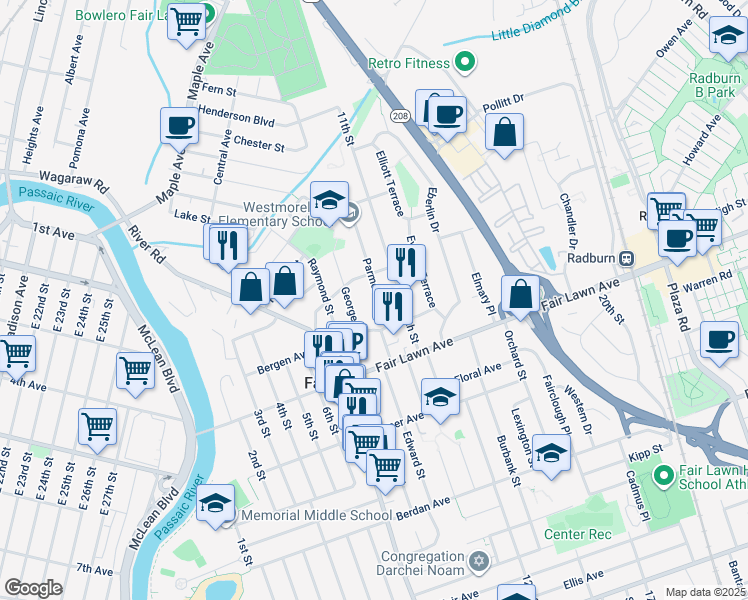 map of restaurants, bars, coffee shops, grocery stores, and more near 15-23 George Street in Fair Lawn