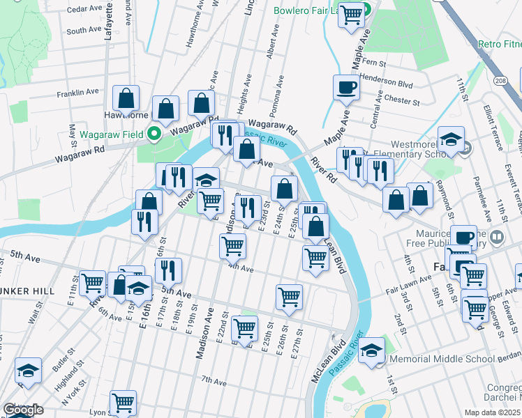 map of restaurants, bars, coffee shops, grocery stores, and more near 65 East 22nd Street in Paterson