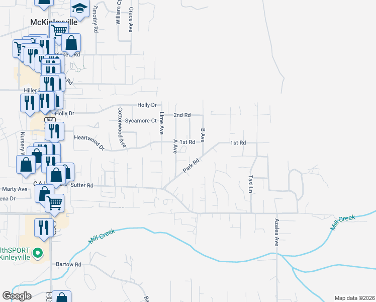 map of restaurants, bars, coffee shops, grocery stores, and more near 2115 Park Road in McKinleyville
