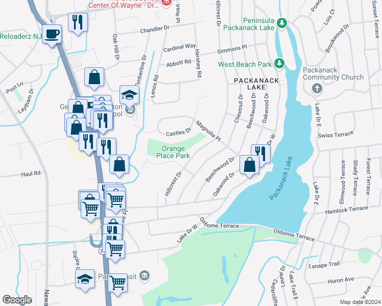 map of restaurants, bars, coffee shops, grocery stores, and more near 39 Hillcrest Drive in Wayne